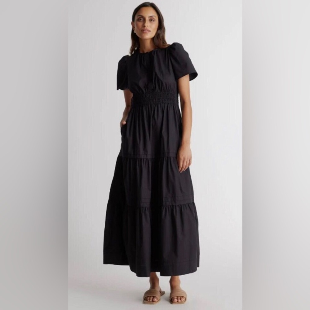 NWT Quince Smocked Tiered Organic Poplin Cotton Pocket Maxi Dress - Picture 3 of 13